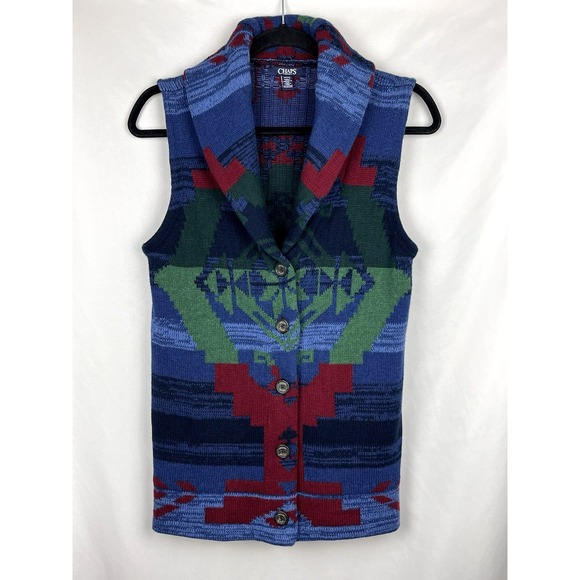 Chaps Denim (Ralph Lauren Corp) Jackets & Blazers - VTG 90s Chaps Denim Southwestern Aztec Sweater Vest Shawl Collar Womens Small